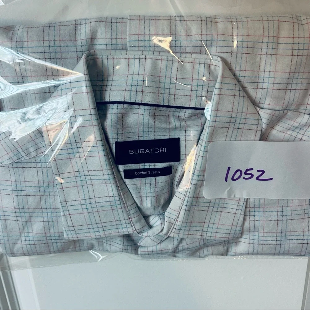Bugatchi Button-Down Size 17 34/35 White Blue Pink Check Stretch LS (B9-1052)